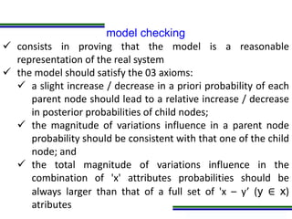 Programa de Atualização Profissional
model checking
 consists in proving that the model is a reasonable
representation of the real system
 the model should satisfy the 03 axioms:
 a slight increase / decrease in a priori probability of each
parent node should lead to a relative increase / decrease
in posterior probabilities of child nodes;
 the magnitude of variations influence in a parent node
probability should be consistent with that one of the child
node; and
 the total magnitude of variations influence in the
combination of 'x' attributes probabilities should be
always larger than that of a full set of 'x – y’ (y ∈ x)
atributes
 