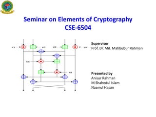 Seminar on Elements of Cryptography
CSE-6504
Presented by
Anisur Rahman
M Shahedul Islam
Nazmul Hasan
Supervisor
Prof. Dr. Md. Mahbubur Rahman
 