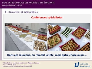 LIENS ENTRE L’AMICALE DES ANCIENS ET LES ÉTUDIANTS
Wassim RAPHAEL - ESIB


  3 – Démarches et outils utilisés

                           Conférences spécialisées




     Dans ces réunions, on remplit la tête, mais autre chose aussi …
 