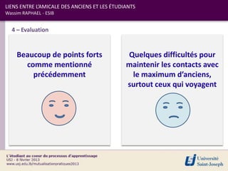 LIENS ENTRE L’AMICALE DES ANCIENS ET LES ÉTUDIANTS
Wassim RAPHAEL - ESIB


  4 – Evaluation



    Beaucoup de points forts                  Quelques difficultés pour
      comme mentionné                         maintenir les contacts avec
        précédemment                           le maximum d’anciens,
                                              surtout ceux qui voyagent
 