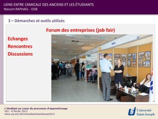 LIENS ENTRE L’AMICALE DES ANCIENS ET LES ÉTUDIANTS
Wassim RAPHAEL - ESIB


  3 – Démarches et outils utilisés

                        Forum des entreprises (job fair)
  Echanges
  Rencontres
  Discussions
 