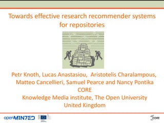 Towards effective research recommender systems
for repositories
Petr Knoth, Lucas Anastasiou, Aristotelis Charalampous,
Matteo Cancellieri, Samuel Pearce and Nancy Pontika
CORE
Knowledge Media institute, The Open University
United Kingdom
 