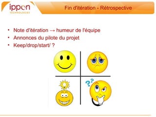 Fin d'itération - Rétrospective



• Note d'itération → humeur de l'équipe
• Annonces du pilote du projet
• Keep/drop/start/ ?
 