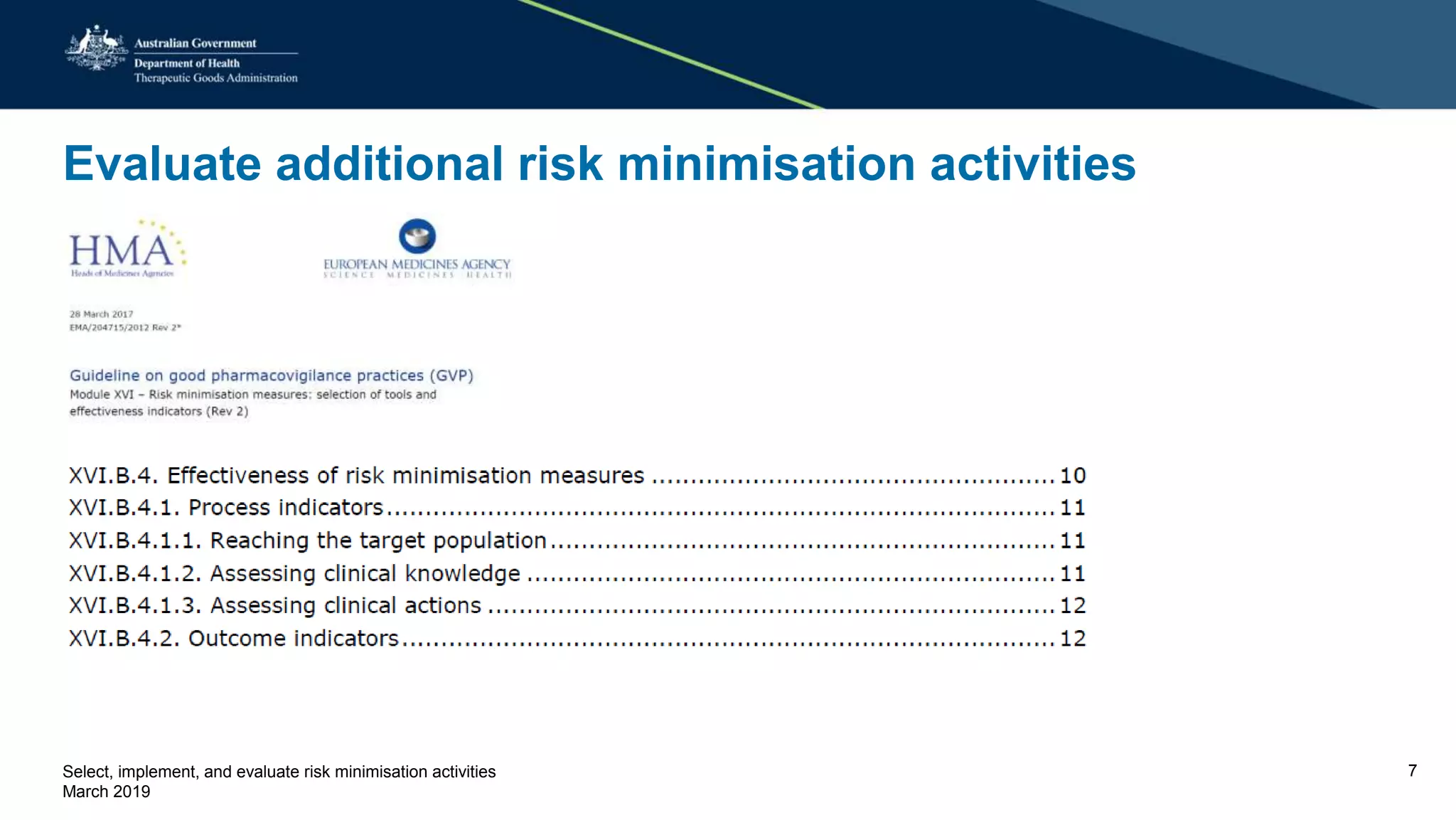 Evaluate additional risk minimisation activities
Select, implement, and evaluate risk minimisation activities
March 2019
7
 