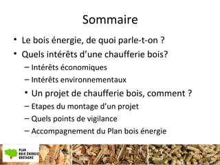 Sommaire
• Le bois énergie, de quoi parle-t-on ?
• Quels intérêts d’une chaufferie bois?
– Intérêts économiques
– Intérêts environnementaux
• Un projet de chaufferie bois, comment ?
– Etapes du montage d’un projet
– Quels points de vigilance
– Accompagnement du Plan bois énergie
 