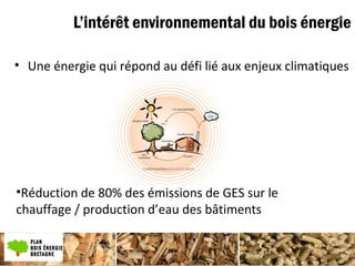 L’intérêt environnemental du bois énergie
• Une énergie qui répond au défi lié aux enjeux climatiques
•Réduction de 80% des émissions de GES sur le
chauffage / production d’eau des bâtiments
 