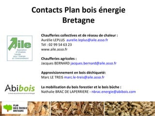 Contacts Plan bois énergie
Bretagne
Chaufferies collectives et de réseau de chaleur :
Aurélie LEPLUS aurelie.leplus@aile.asso.fr
Tél : 02 99 54 63 23
www.aile.asso.fr
Chaufferies agricoles :
Jacques BERNARD jacques.bernard@aile.asso.fr
Approvisionnement en bois déchiqueté:
Marc LE TREIS marc.le-treis@aile.asso.fr
La mobilisation du bois forestier et le bois bûche :
Nathalie BRAC DE LAPERRIERE - nbrac.energie@abibois.com
70
 