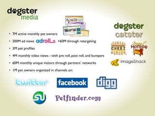 • 7M active monthly pet owners

• 200M ad views                  +60M through retargeting
• 3M pet proﬁles

• 4M monthly video views - with pre roll, post roll, and bumpers

• 60M monthly unique visitors through partners’ networks

• 1M pet owners organized in channels on:
 