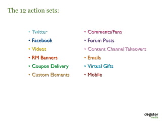 The 12 action sets:


       • Twitter           • Comments/Fans
       • Facebook          • Forum Posts
       • Videos            • Content Channel Takeovers
       • RM Banners        • Emails
       • Coupon Delivery   • Virtual Gifts
       • Custom Elements   • Mobile
 