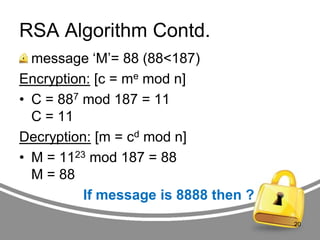RSA Algorithm Contd.
message „M‟= 88 (88<187)
Encryption: [c = me mod n]
• C = 887 mod 187 = 11
C = 11
Decryption: [m = cd mod n]
• M = 1123 mod 187 = 88
M = 88
If message is 8888 then ?
20

 