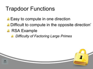 Trapdoor Functions
Easy to compute in one direction
Difficult to compute in the opposite direction‟
RSA Example
Difficulty of Factoring Large Primes

27

 