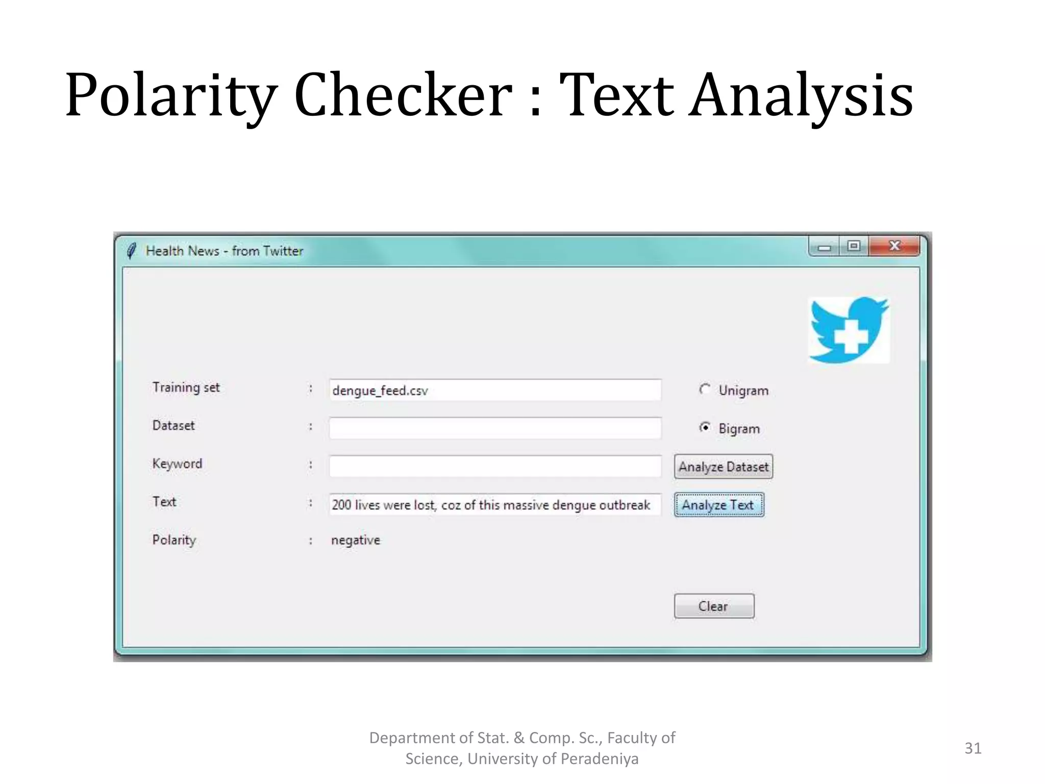 Polarity Checker : Text Analysis
31
Department of Stat. & Comp. Sc., Faculty of
Science, University of Peradeniya
 