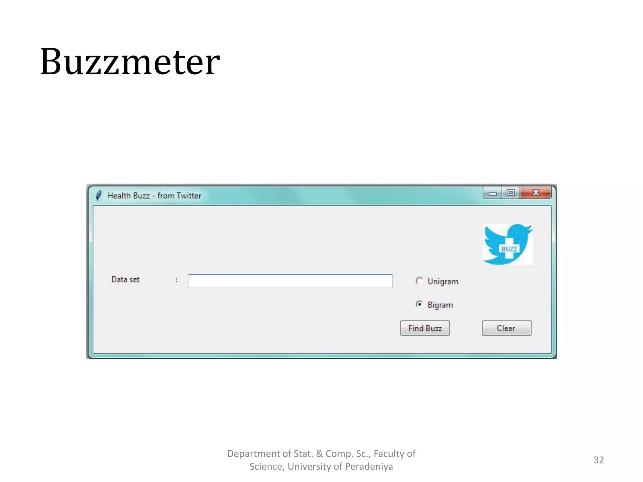 Buzzmeter
Department of Stat. & Comp. Sc., Faculty of
Science, University of Peradeniya
32
 