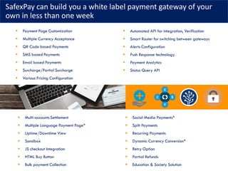 SafexPay can build you a white label payment gateway of your
own in less than one week
▪ Payment Page Customization
▪ Multiple Currency Acceptance
▪ QR Code based Payments
▪ SMS based Payments
▪ Email based Payments
▪ Surcharge/Partial Surcharge
▪ Various Pricing Configuration
▪ Automated API for integration, Verification
▪ Smart Router for switching between gateways
▪ Alerts Configuration
▪ Push Response technology
▪ Payment Analytics
▪ Status Query API
▪ Multi-accounts Settlement
▪ Multiple Language Payment Page*
▪ Uptime/Downtime View
▪ Sandbox
▪ JS checkout Integration
▪ HTML Buy Button
▪ Bulk payment Collection
▪ Social Media Payments*
▪ Spilt Payments
▪ Recurring Payments
▪ Dynamic Currency Conversion*
▪ Retry Option
▪ Partial Refunds
▪ Education & Society Solution
 