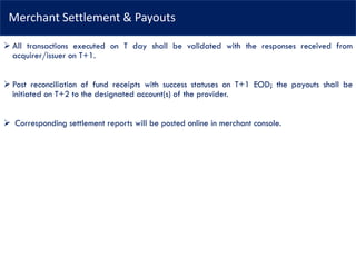 Merchant Settlement & Payouts
➢ All transactions executed on T day shall be validated with the responses received from
acquirer/issuer on T+1.
➢ Post reconciliation of fund receipts with success statuses on T+1 EOD; the payouts shall be
initiated on T+2 to the designated account(s) of the provider.
➢ Corresponding settlement reports will be posted online in merchant console.
 