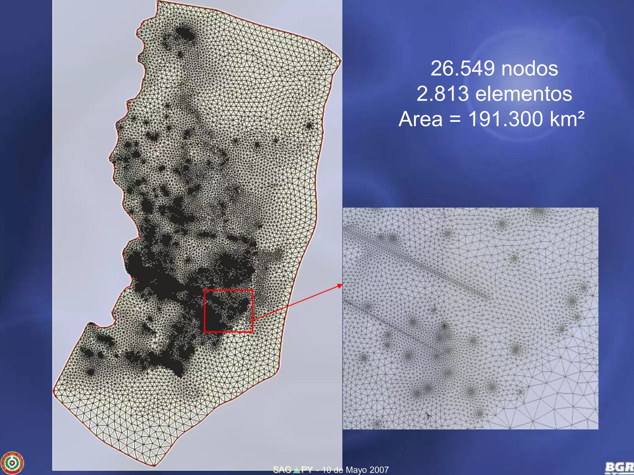 SAG PY - 10 de Mayo 2007 
26.549 nodos 
2.813 elementos 
Area = 191.300 km² 
 