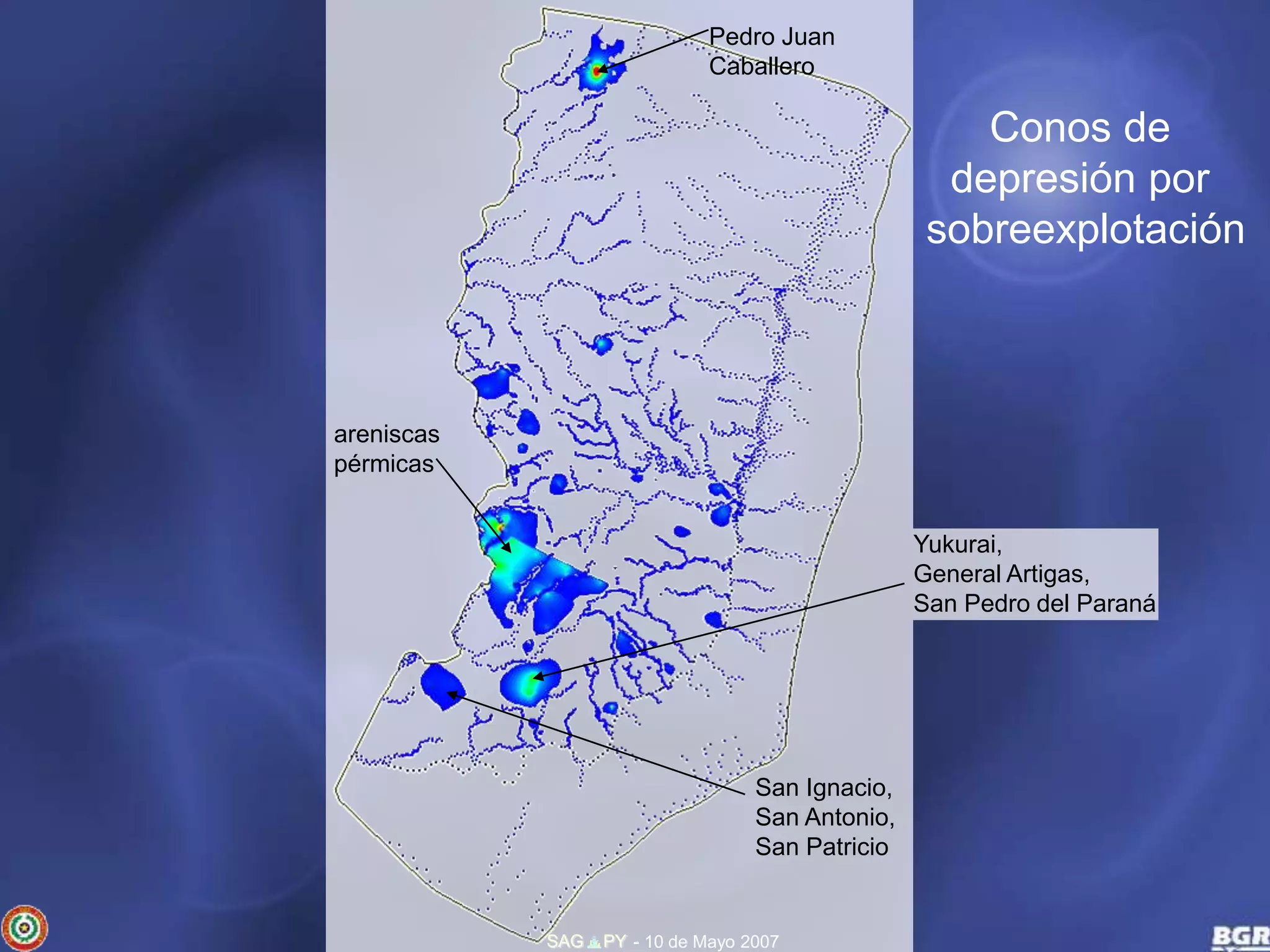 Pedro Juan 
Caballero 
SAG PY - 10 de Mayo 2007 
areniscas 
pérmicas 
Yukurai, 
General Artigas, 
San Pedro del Paraná 
San Ignacio, 
San Antonio, 
San Patricio 
Conos de 
depresión por 
sobreexplotación 
 