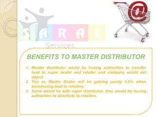 BENEFITS TO MASTER DISTRIBUTOR
1. Master distributor would be having authorities to transfer
   load to super dealer and retailer and company would not
   object.
2. You as Master Dealer will be gaining purely 0.5% when
   transferring load to retailers.
3. Same would be with super distributor, they would be having
   authorities to distribute to retailers.
 