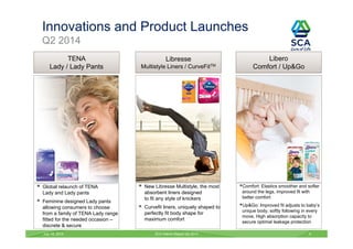 Innovations and Product Launches
Q2 2014
Libresse
Multistyle Liners / CurveFitTM
Libero
Comfort / Up&Go
 New Libresse Multistyle, the most
absorbent liners designed
to fit any style of knickers
 Curvefit liners, uniquely shaped to
perfectly fit body shape for
maximum comfort
Comfort: Elastics smoother and softer
around the legs, improved fit with
better comfort
Up&Go: Improved fit adjusts to baby’s
unique body, softly following in every
move. High absorption capacity to
secure optimal leakage protection
 Global relaunch of TENA
Lady and Lady pants
 Feminine designed Lady pants
allowing consumers to choose
from a family of TENA Lady range
fitted for the needed occasion –
discrete & secure
July 18, 2014 SCA Interim Report Q2 2014 6
TENA
Lady / Lady Pants
 