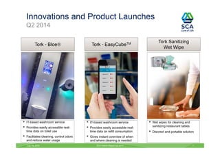 July 18, 2014 SCA Interim Report Q2 2014 7
Innovations and Product Launches
Q2 2014
Tork - Bloe Tork - EasyCubeTM Tork Sanitizing
Wet Wipe
 IT-based washroom service
 Provides easily accessible real-
time data on toilet use
 Facilitates cleaning, control odors
and reduce water usage
 IT-based washroom service
 Provides easily accessible real-
time data on refill consumption
 Gives instant overview of when
and where cleaning is needed
 Wet wipes for cleaning and
sanitizing restaurant tables
 Discreet and portable solution
 
