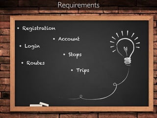 • Login
Requirements
• Registration
• Account
• Stops
• Trips
• Routes
 