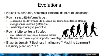 11
Evolutions
> Nouvelles données, nouveaux tableaux de bord et use cases
> Pour la sécurité informatique :
> Intégration de davantage de sources de données externes (threat
intelligence) / internes (référentiels)
> Baselining et analyse prédictive
> Pour la lutte contre la fraude :
> Couverture de nouveaux besoins métier
> Ateliers en commun pour apporter davantage de valeur ajoutée
> Et après demain ? Business Intelligence ? Machine Learning ?
Capacity planning 2.0 ?
 