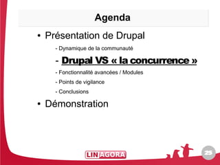 Agenda
●   Présentation de Drupal
      - Dynamique de la communauté

      - Drupal VS « la concurrence »
      - Fonctionnalité avancées / Modules
      - Points de vigilance
      - Conclusions

●   Démonstration



                                            25
                                            25
 