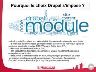 Pourquoi le choix Drupal s'impose ?




→ La force de Drupal est son extensibilité. Couverture fonctionnelle sans limite.
→ L’interface d’administration permet de créer facilement de nouveaux types de
contenus structurés (module CCK / Views et Entity dans D7).
→ Un code distribué sous licence GPL.
→ Un écosystème d’entreprise décentralisé. Drupal n’appartient pas à une
entreprise en particulier.
→ Des profils d’installation clés en main, des packages permettant de créer
 un intranet, un réseau social ou un magasin. Par exmple, Open Atrium,
Drupal Commons, Pressflow (voir http://drupaldistrowatch.com/)

                                                                                    30
                                                                                    30
 
