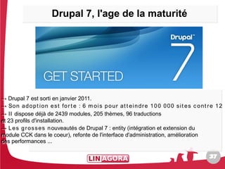 Drupal 7, l'age de la maturité




→ Drupal 7 est sorti en janvier 2011.
→ Drupal 7 est sorti en janvier 2011.
→ So n a d o p ttiio n e s tt fo rrtte  : 6 m o iis p o u rr at tte iin d rre 1 0 0 0 0 0 s iitte s c o n ttrre 1 2 p
→ So n a d o p o n e s fo e  : 6 m o s p o u at e n d e 1 0 0 0 0 0 s e s c o n e 1 2
→ IIll dispose déjà de 2439 modules, 205 thèmes, 96 traductions
→ dispose déjà de 2439 modules, 205 thèmes, 96 traductions
et 23 profils d'installation.
et 23 profils d'installation.
→ L e s g rro s s e s n ouveautés de Drupal 7 : entity (intégration et extension du
→ L e s g o s s e s n ouveautés de Drupal 7 : entity (intégration et extension du
module CCK dans le coeur), refonte de l'interface d'administration, amélioration
module CCK dans le coeur), refonte de l'interface d'administration, amélioration
des performances ...
des performances ...

                                                                                                           37
                                                                                                           37
 