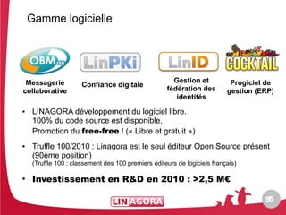 Gamme logicielle




 Messagerie                                           Gestion et           Progiciel de
                     Confiance digitale
collaborative                                       fédération des        gestion (ERP)
                                                       identités
●   LINAGORA développement du logiciel libre.
    100% du code source est disponible.
    Promotion du free-free ! (« Libre et gratuit »)
●   Truffle 100/2010 : Linagora est le seul éditeur Open Source présent
    (90ème position)
    (Truffle 100 : classement des 100 premiers éditeurs de logiciels français)

●
    Investissement en R&D en 2010 : >2,5 M€

                                                                                    55
 