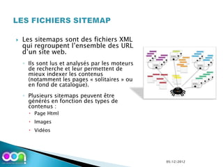    Les sitemaps sont des fichiers XML
    qui regroupent l’ensemble des URL
    d’un site web.
    ◦ Ils sont lus et analysés par les moteurs
      de recherche et leur permettent de
      mieux indexer les contenus
      (notamment les pages « solitaires » ou
      en fond de catalogue).
    ◦ Plusieurs sitemaps peuvent être
      générés en fonction des types de
      contenus :
       Page Html
       Images
       Vidéos




                                                 05/12/2012
 