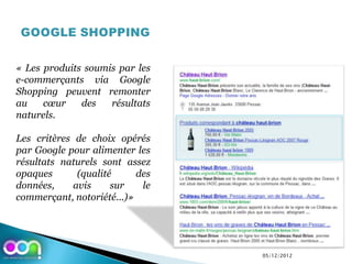 « Les produits soumis par les
e-commerçants via Google
Shopping peuvent remonter
au    cœur    des   résultats
naturels.

Les critères de choix opérés
par Google pour alimenter les
résultats naturels sont assez
opaques       (qualité     des
données,     avis     sur   le
commerçant, notoriété...)»




                                 05/12/2012
 