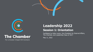 Leadership 2022
Session 1: Orientation
Facilitated by Katie Loovis, Vice President for External Affairs,
The Chamber, and Leadership Class of 2017
May 11, 2022
 