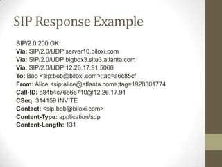 SIP Response Example
SIP/2.0 200 OK
Via: SIP/2.0/UDP server10.biloxi.com
Via: SIP/2.0/UDP bigbox3.site3.atlanta.com
Via: SIP/2.0/UDP 12.26.17.91:5060
To: Bob <sip:bob@biloxi.com>;tag=a6c85cf
From: Alice <sip:alice@atlanta.com>;tag=1928301774
Call-ID: a84b4c76e66710@12.26.17.91
CSeq: 314159 INVITE
Contact: <sip:bob@biloxi.com>
Content-Type: application/sdp
Content-Length: 131
 