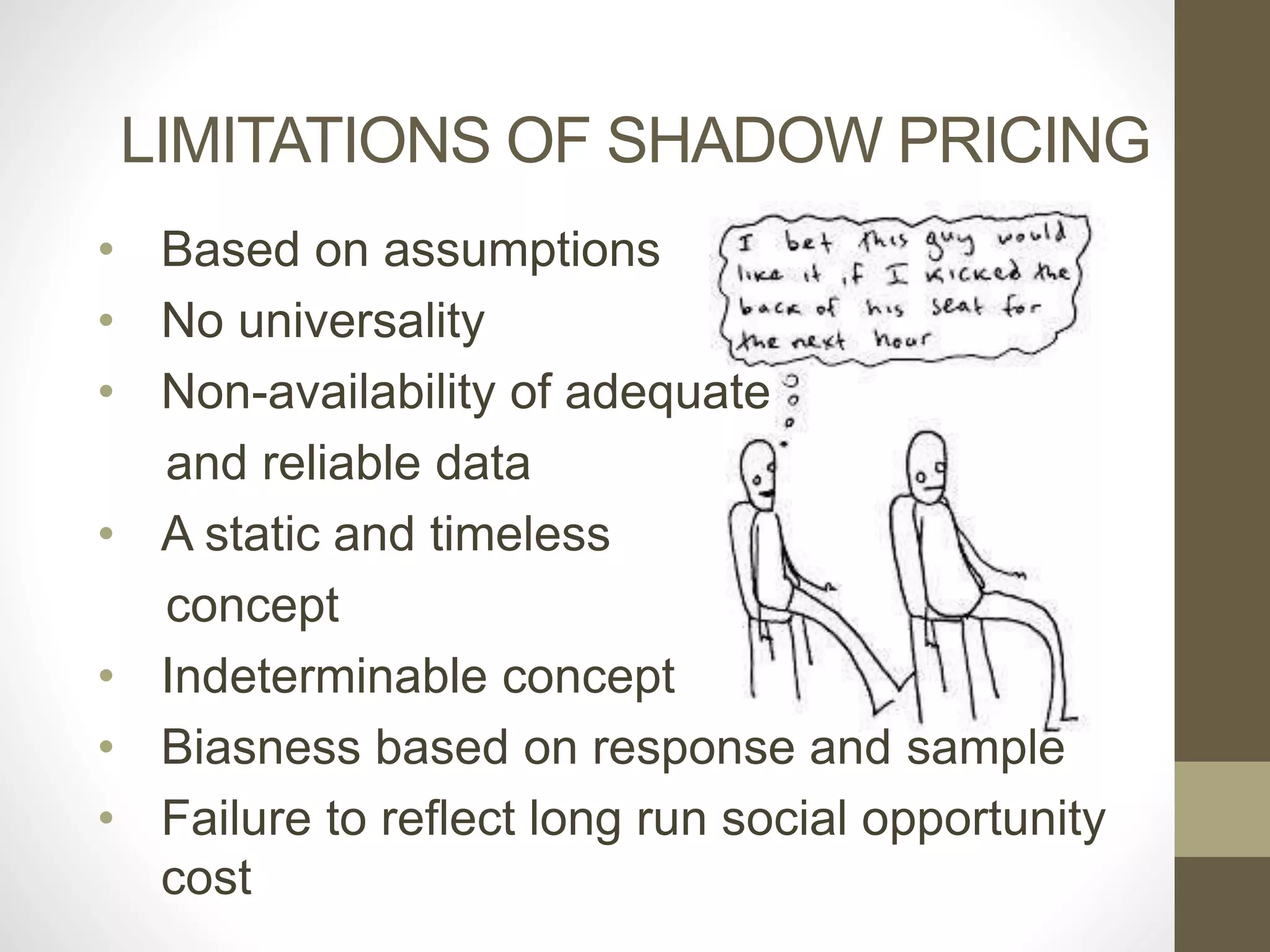 LIMITATIONS OF SHADOW PRICING 
• Based on assumptions 
• No universality 
• Non-availability of adequate 
and reliable data 
• A static and timeless 
concept 
• Indeterminable concept 
• Biasness based on response and sample 
• Failure to reflect long run social opportunity 
cost 
 