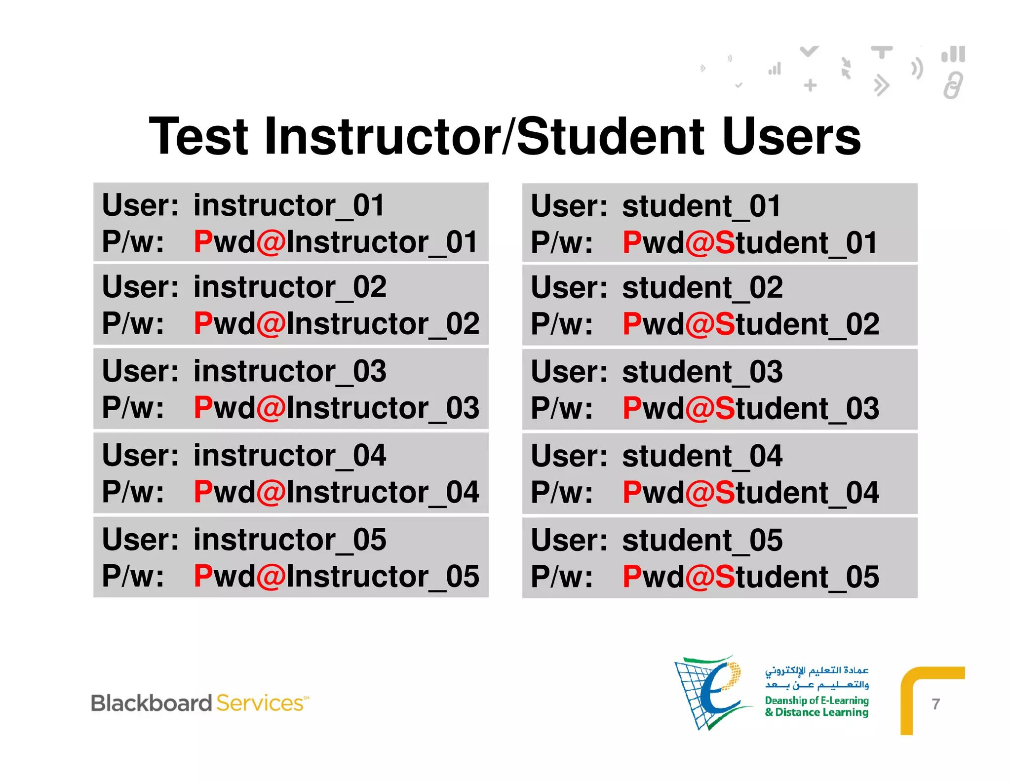 7
Test Instructor/Student Users
User: instructor_01
P/w: Pwd@Instructor_01
User: instructor_02
P/w: Pwd@Instructor_02
User: instructor_03
P/w: Pwd@Instructor_03
User: instructor_04
P/w: Pwd@Instructor_04
User: instructor_05
P/w: Pwd@Instructor_05
User: student_01
P/w: Pwd@Student_01
User: student_02
P/w: Pwd@Student_02
User: student_03
P/w: Pwd@Student_03
User: student_04
P/w: Pwd@Student_04
User: student_05
P/w: Pwd@Student_05
 