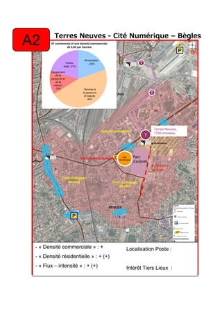 Terres Neuves - Cité Numérique – Bègles
T
P
T
Cité
Numérique
- « Densité commerciale » : +
- « Densité résidentielle » : + (+)
- « Flux – intensité » : + (+)
97 commerces et une densité commerciale
de 0,60 par hectare
Hotels-
resto; 21%
Equipement
de la
personne et
de la
maison;
13% Services à
la personne
et beauté;
46%
Alimentation
; 20%
Extension
du tram
Secteur en mutation
T
Terres Neuves,
1700 montées
Tissu échoppes
denses
Grands ensembles
Tissu échoppes
denses
P
Parc
d’activité
A2
Localisation Poste :
Intérêt Tiers Lieux :
 
