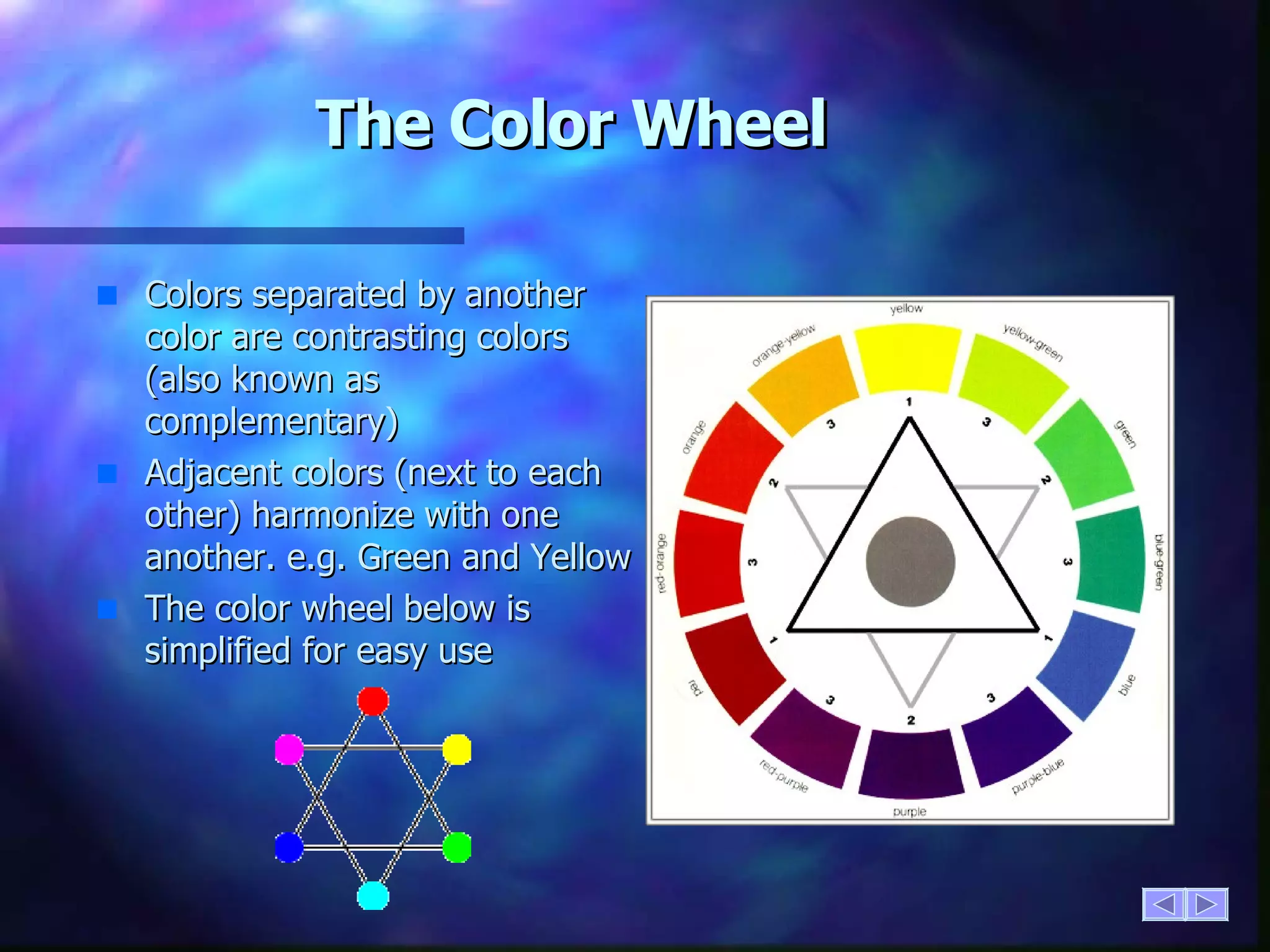The Color Wheel Colors separated by another color are contrasting colors (also known as complementary) Adjacent colors (next to each other) harmonize with one another. e.g. Green and Yellow The color wheel below is simplified for easy use 