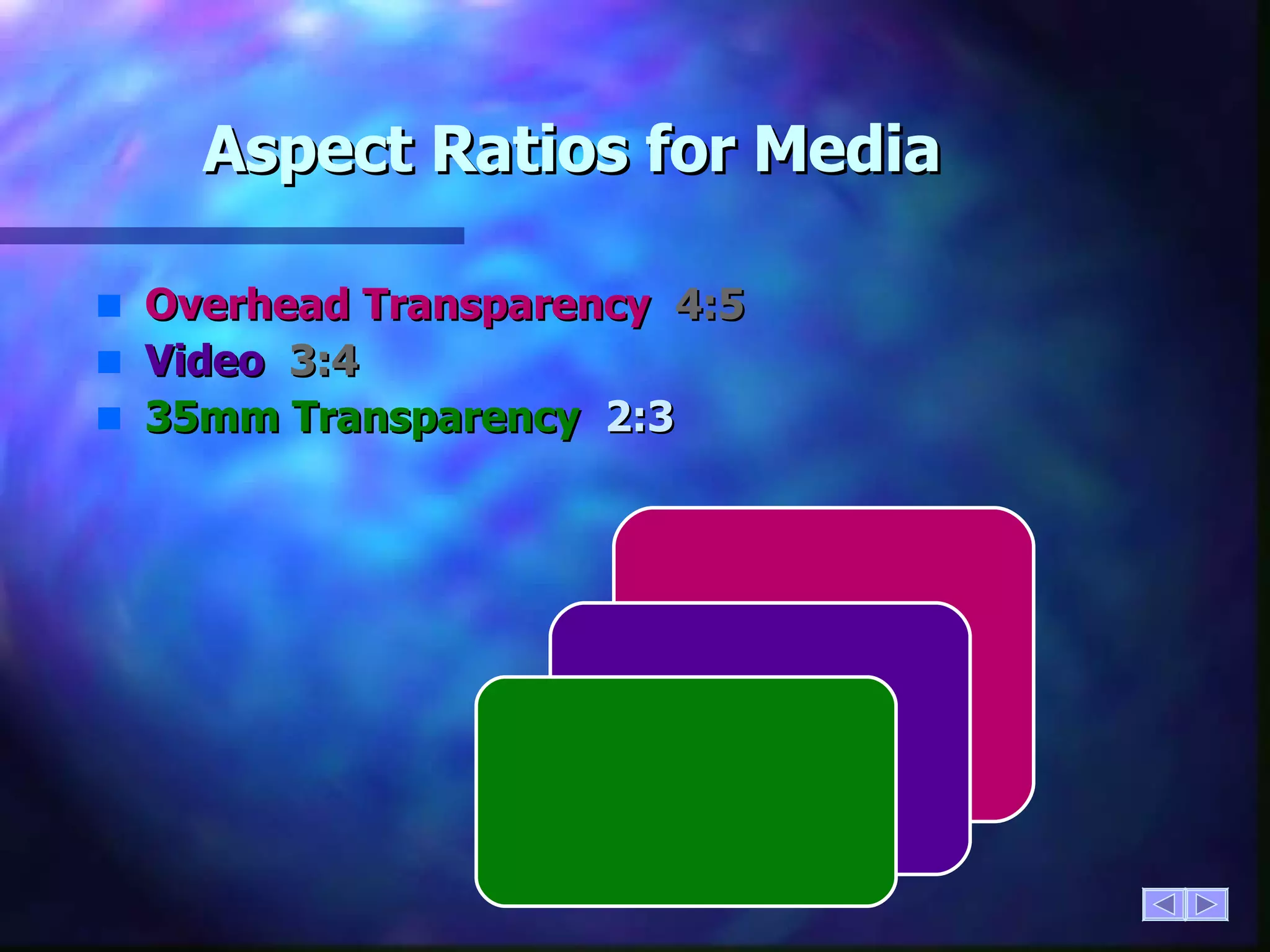 Aspect Ratios for Media Overhead Transparency   4:5 Video   3:4 35mm Transparency  2:3 