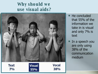 Why should we  use visual aids? He concluded that 55% of the information we take in is visual and only 7% is text In a speech you are only using 38% of the communication medium 