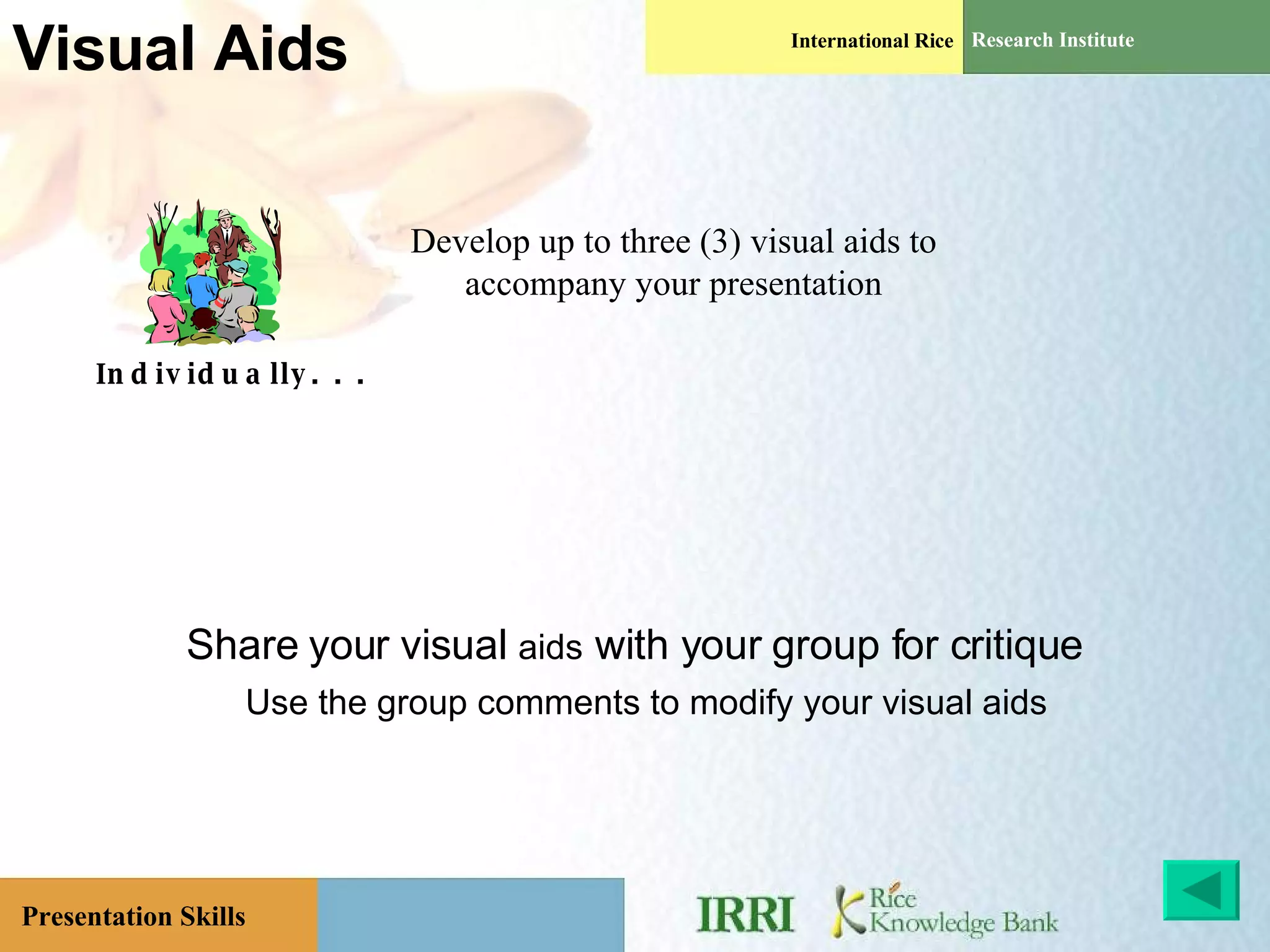 Visual Aids Share your visual  aids  with your group for critique Use the group comments to modify your visual aids Individually. . . Develop up to three (3) visual aids to accompany your presentation 