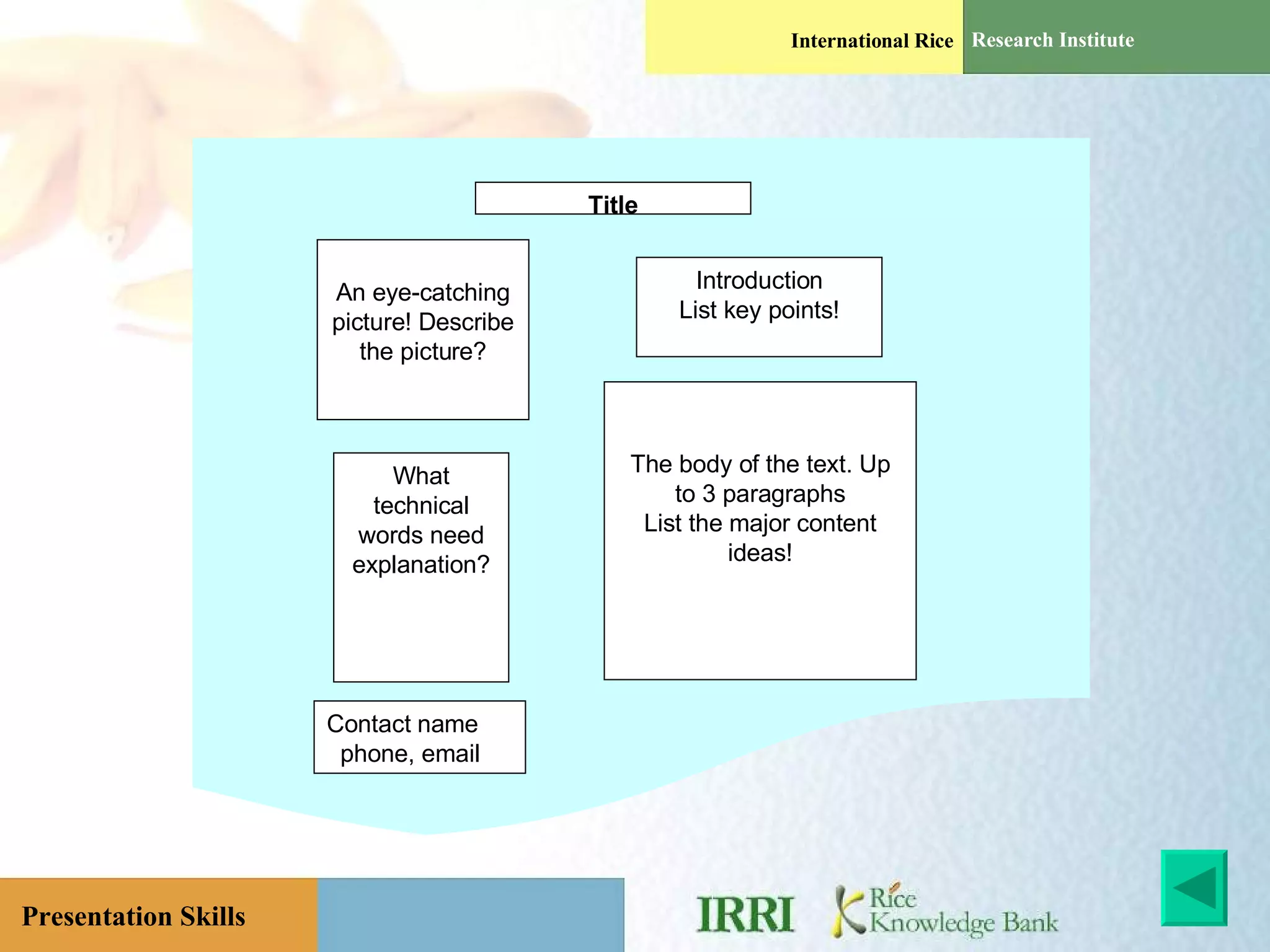 Title An eye-catching picture! Describe the picture? Introduction List key points! What technical words need explanation? The body of the text. Up to 3 paragraphs List the major content ideas! Contact name phone, email 