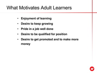 What Motivates Adult Learners Enjoyment of learning Desire to keep growing Pride in a job well done Desire to be qualified for position Desire to get promoted and to make more money 