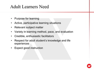 Purpose for learning Active, participative learning situations Relevant subject matter  Variety in learning method, pace, and evaluation Credible, enthusiastic facilitators  Respect for adult student’s knowledge and life experiences Expect good instruction Adult Learners Need 
