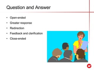 Question and Answer Open-ended Greater response Redirection Feedback and clarification Close-ended 