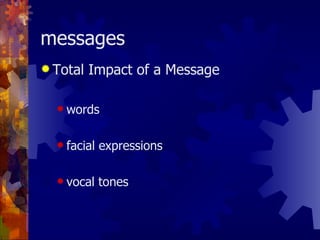 messages <ul><li>Total Impact of a Message </li></ul><ul><ul><li>words </li></ul></ul><ul><ul><li>facial expressions </li>...