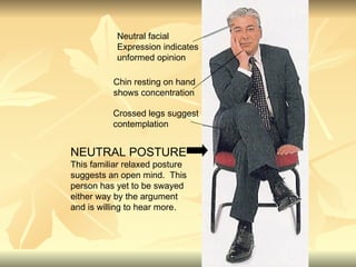 Neutral facial  Expression indicates  unformed opinion Chin resting on hand shows concentration Crossed legs suggest contemplation NEUTRAL POSTURE This familiar relaxed posture suggests an open mind.  This person has yet to be swayed  either way by the argument and is willing to hear more.  