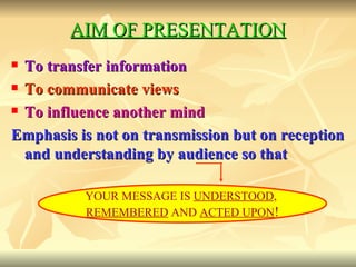 AIM OF PRESENTATION To transfer information To communicate views To influence another mind Emphasis is not on transmission but on reception and understanding by audience so that   YOUR MESSAGE IS  UNDERSTOOD ,  REMEMBERED  AND  ACTED UPON ! 