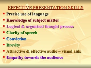 EFFECTIVE PRESENTATION SKILLS Precise use of language Knowledge of subject matter Logical & organised thought process Clarity of speech  Conviction Brevity Attractive & effective audio – visual aids Empathy towards the audience 