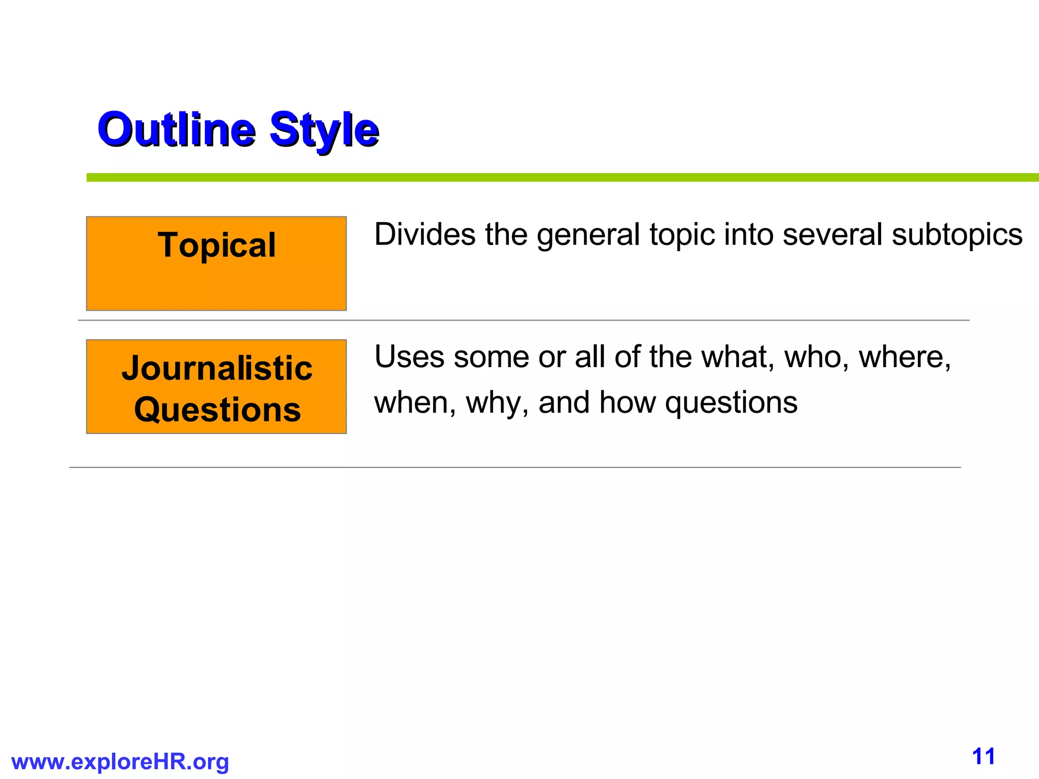 Outline Style Topical Divides the general topic into several subtopics Uses some or all of the what, who, where, when, why, and how questions Journalistic Questions 